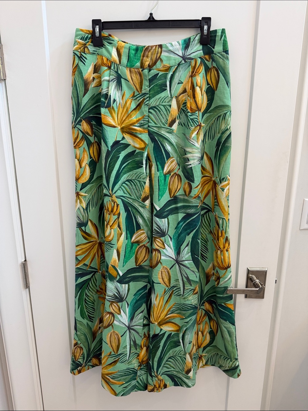 FARM Rio Mint Green Wide-Leg Pants with Yellow and Dark Green Tropical Print